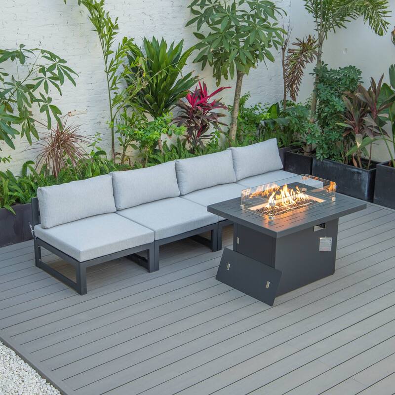 LeisureMod Chelsea 5-Piece Outdoor Patio Chairs and Fire Pit Table Set