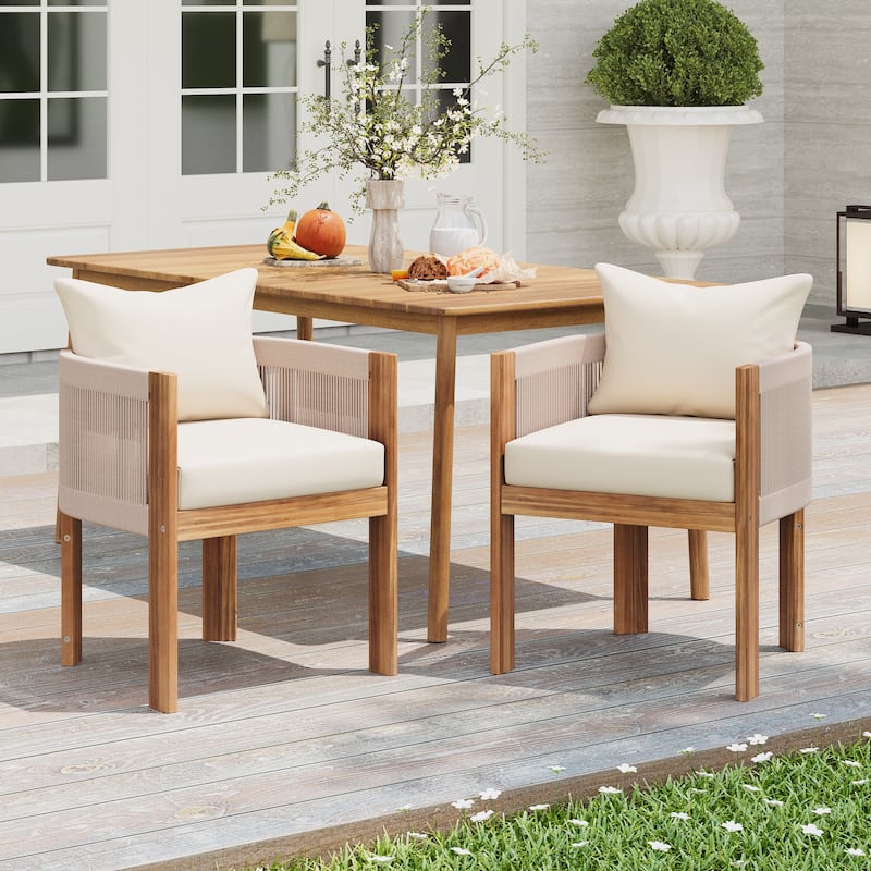 Christopher Knight Home- Alex Patio Acacia Wood Dining Chairs (Set of 2) - Teak Finish+Beige Cushion