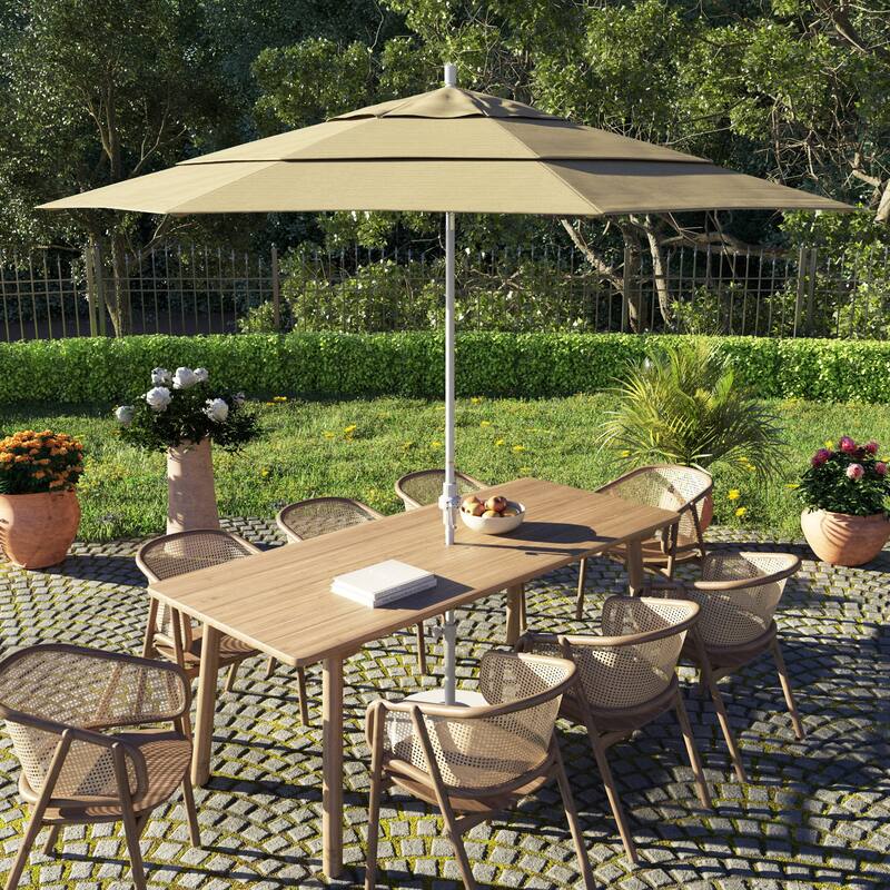 California Umbrella 11' Sun Master Patio Umbrella White Aluminum Pole Fiberglass Ribs Crank Lift Tilt, Olefin