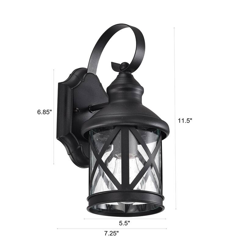 1-Bulb Black Outdoor Wall Lantern Sconce with Seeded Glass