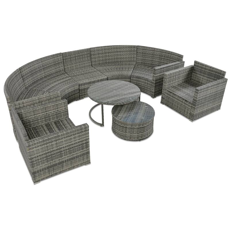9 Piece Half-Moon Outdoor Sofa Set, All-Weather Rattan Conversation Furniture Set, Round Sofa Set with Coffee Table