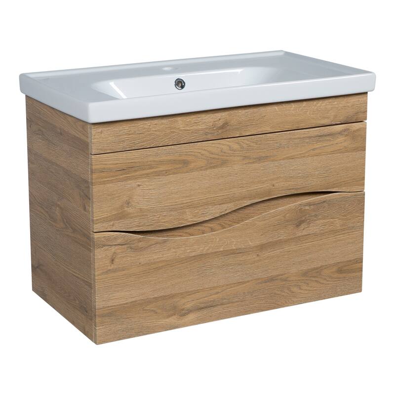 Modern Wall-Mounted Bathroom Vanity with Washbasin Wave Teak Natural Non-Toxic MDF-26"-Omega 24" - Brown - 52" (26+26) - Wood Finish