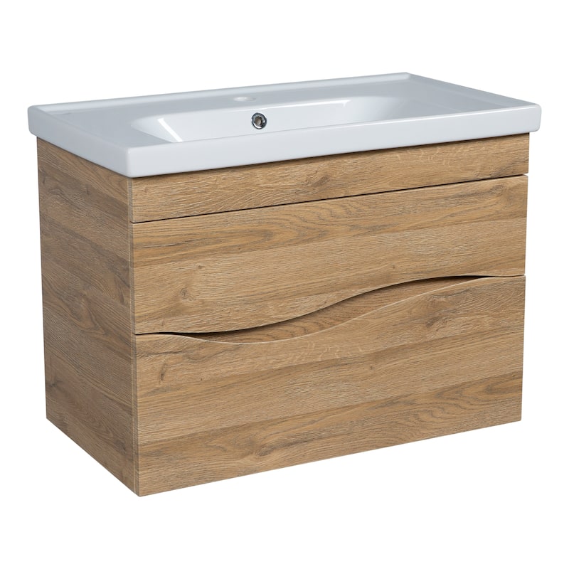 Modern Wall-Mounted Bathroom Vanity with Washbasin Wave Teak Natural Non-Toxic MDF-26"-Omega R-line 24" - Brown - 52" (40+12) - Wood Finish