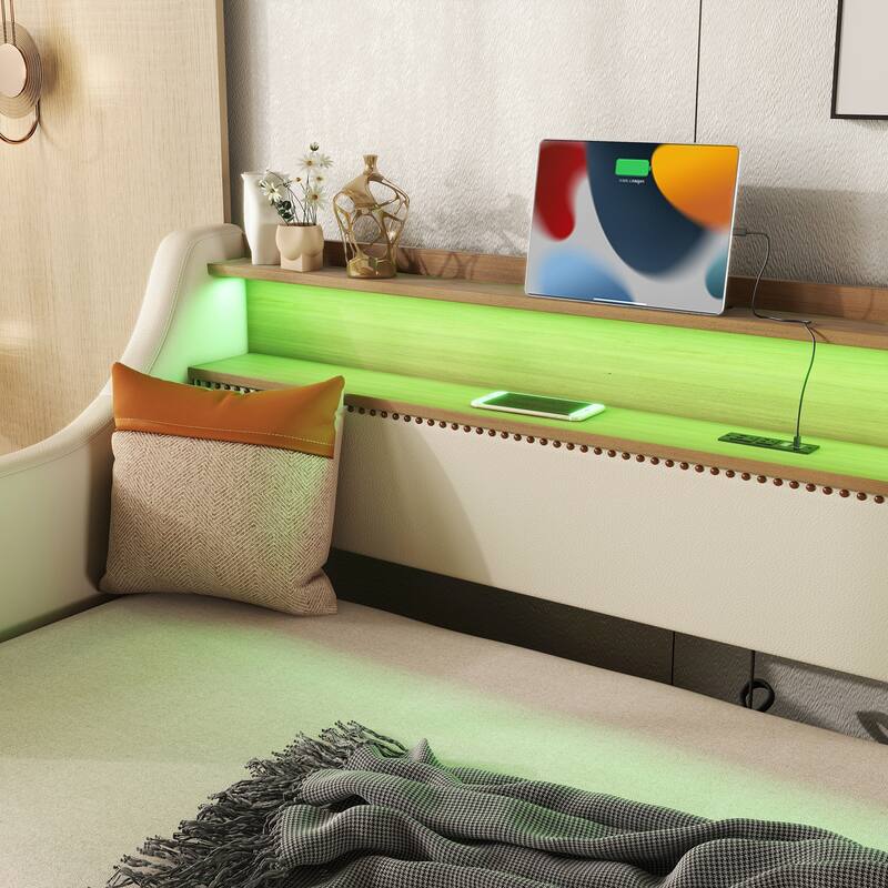 Modern Twin Upholstered Daybed with Trundle, Charging Station, and RGB LED Lights in Beige
