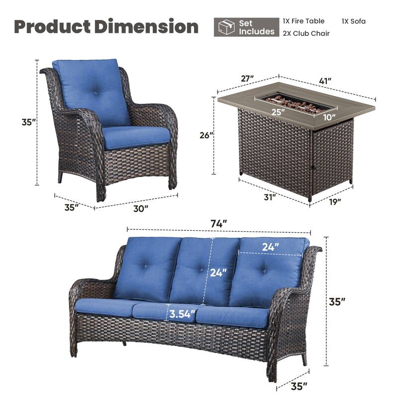 Gymojoy 4-Piece Outdoor Wicker Patio Furniture with Fire Pit Table, Rattan Coversation Set with Water Resistant Thick Cushions