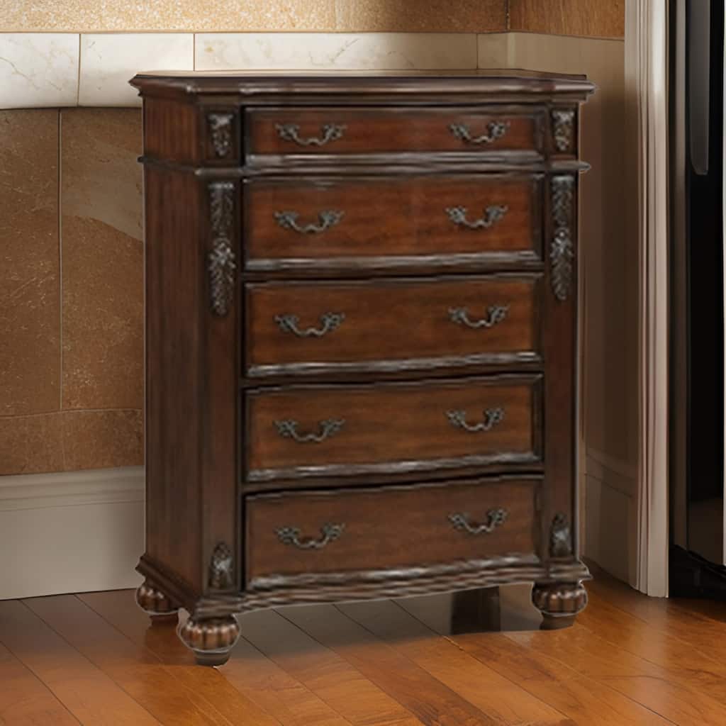 Nami 50 Inch Tall Dresser Chest, 5 Drawers, Carved Cherry Brown Solid Wood
