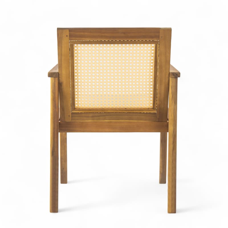 Roomfitters Outdoor Dining Set 7 Piece Acacia Wood Table Open Lattice Wicker Chairs, Teak Beige