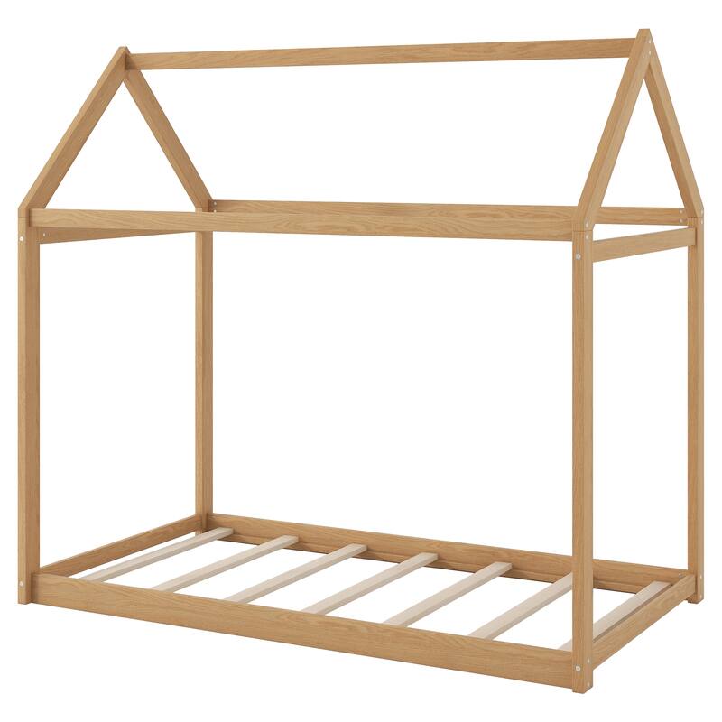 Solid Pinewood Twin Size House Shaped Floor Bed Frame with Roof Design