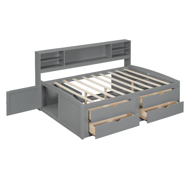 Full Size Wood Daybed with 2 Bedside Cabinets, Upper Shelves and 4 Drawers, Gray