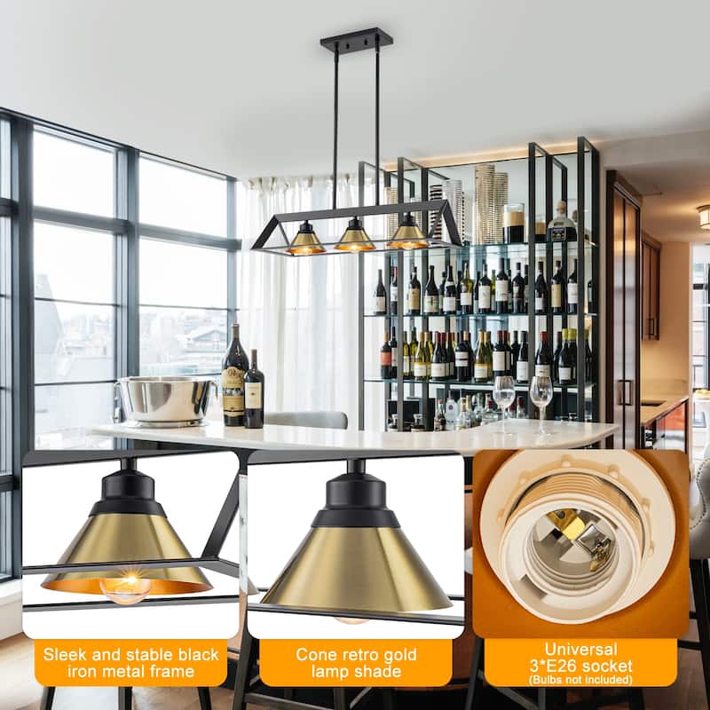 3-Light Industrial Linear Kitchen Island Pendant Light Cone Shades - Dia.25.59-in