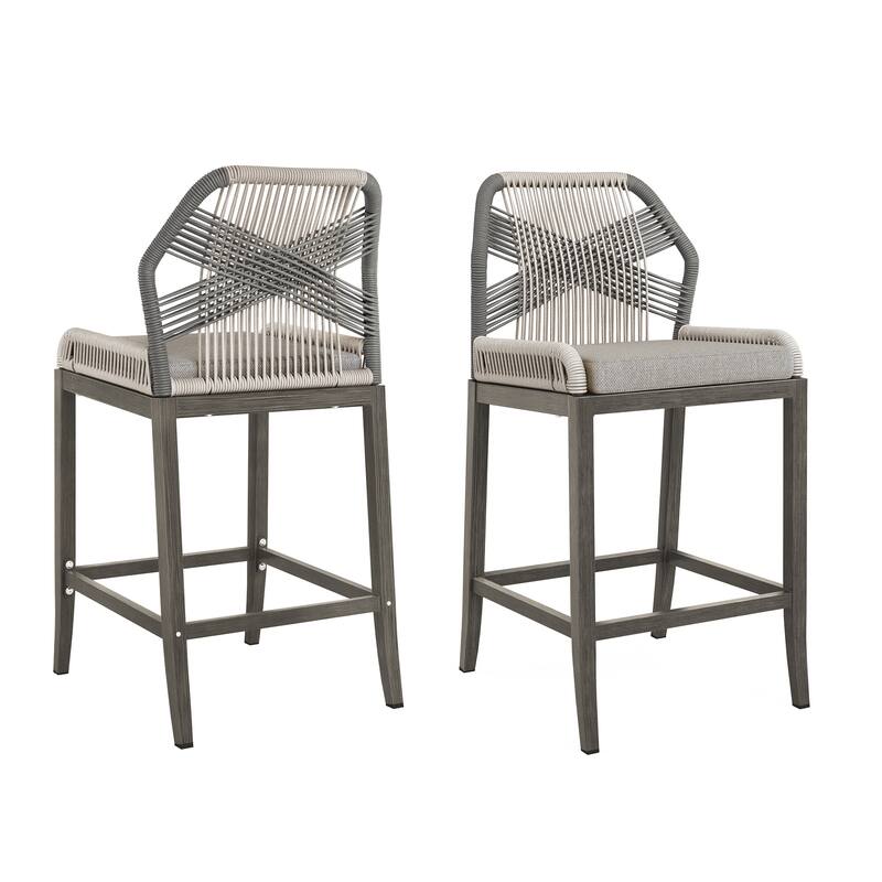 2 Set Modern Aluminum Twill Wicker Woven Outdoor Bar Stool Chair Set, Counter Height Stool with Back and Cushion - 40.6"H - Gray-Slate Gray