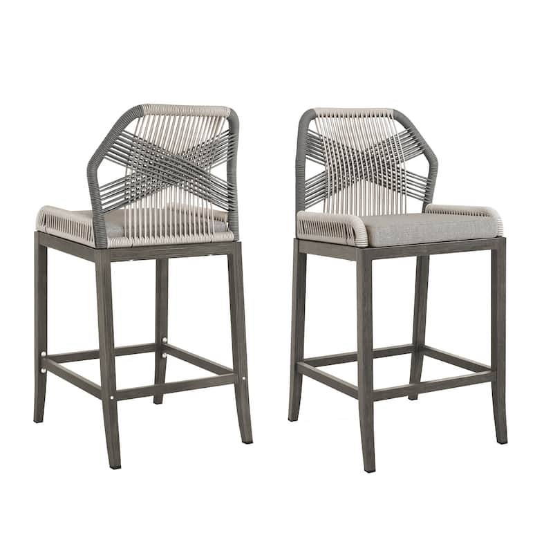 2 Set Modern Aluminum Twill Woven Outdoor Bar Stool Chair Set, Counter Height Stool with Back and Cushion - 40.6"H