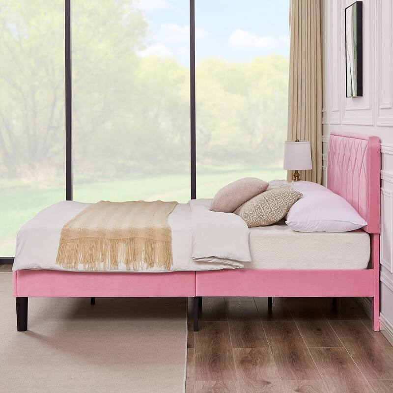 VECELO Pink Velvet Upholstered Bed Frame with Adjustable Headboard No Box Spring Needed Under Bed Storage Platform Bed