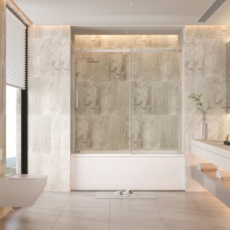 60''W Glass Frameless Shower Door, Shower Sliding Door in Black/Chrome