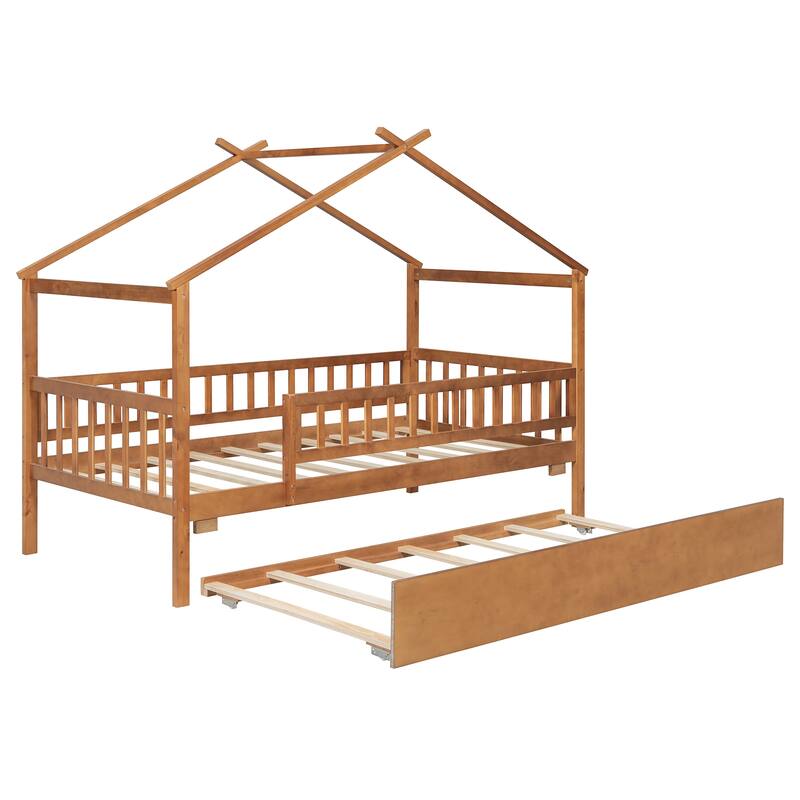 Twin Size Wooden House Bed with Twin Size Trundle