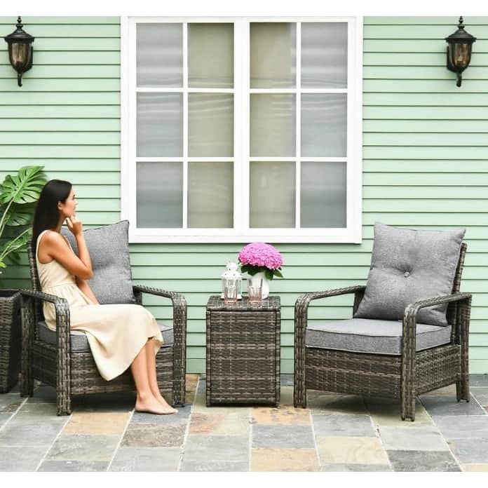 GDFStudio - Oliver Compact Wicker Patio Furniture Set with Hidden Storage Table and Cushioned Seating - Storage Table Chairs