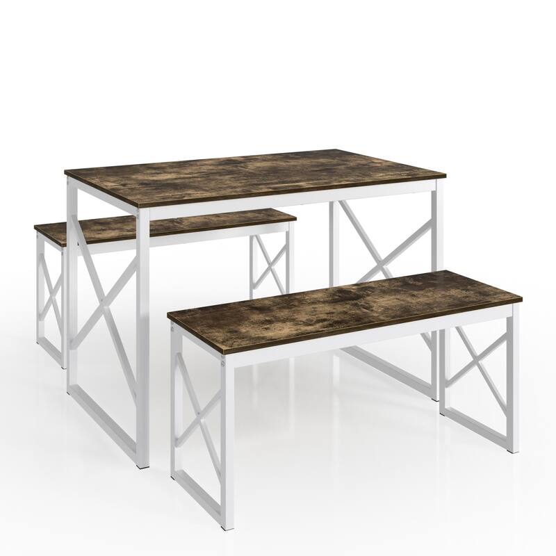 44.3" Dining Table with Benches Kitchen Table set for 4 Rectangular Dining Room Table Set with 2 Metal Wood Benches