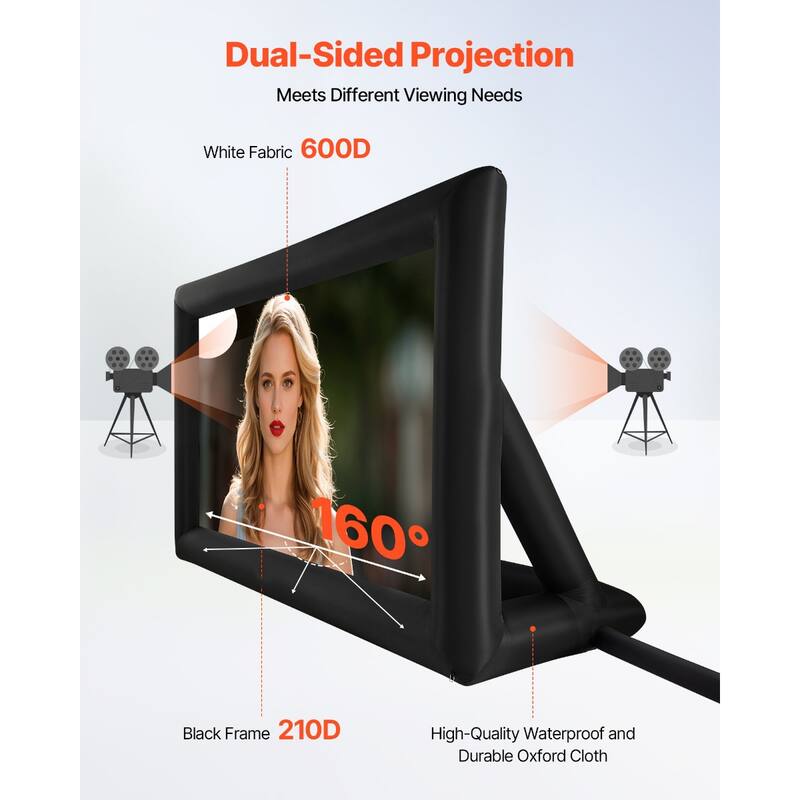 Outdoor & Indoor Movie Screen with 600D Washable Oxford Fabric 250W Quiet Blower Quick Setup, Front & Rear Projection