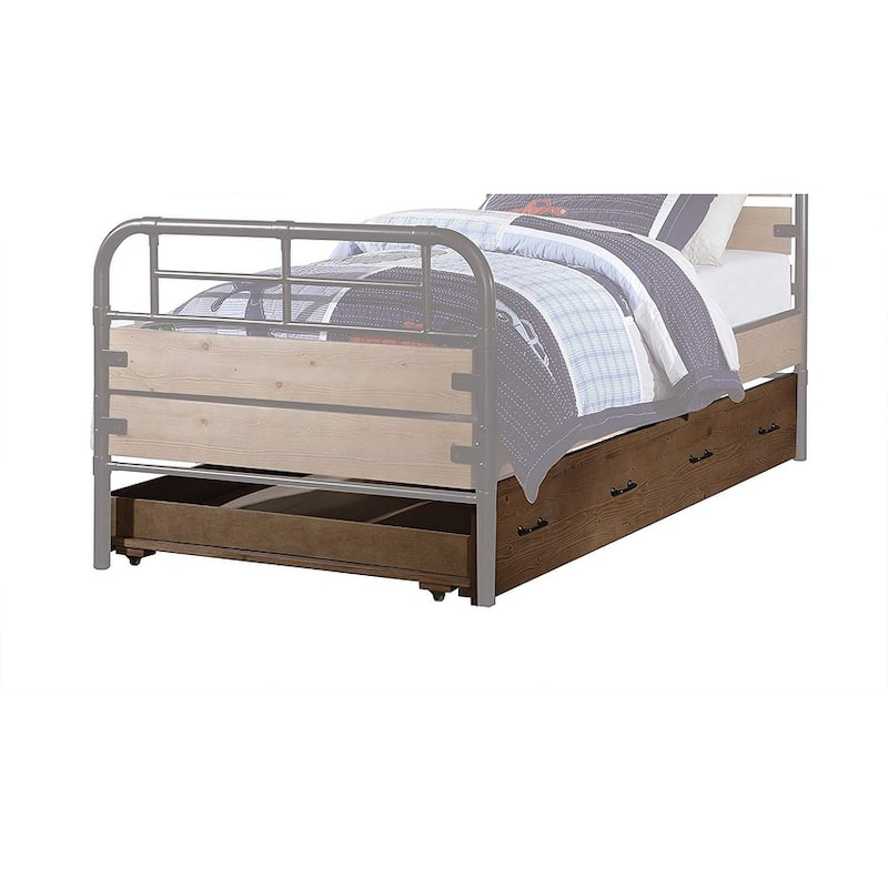 Twin Trundle Bed Frame - Mountain Lodge Style, Antique Oak Finish, Metal & Wood Construction