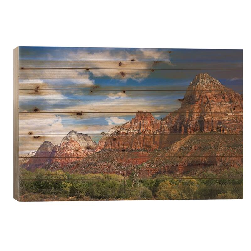 The Watchman Outcropping Near South Entrance,Zion National Park,Cottonwoods In Foreground, Utah Print On Wood by Tim Fitzharris - 26x40x1.5