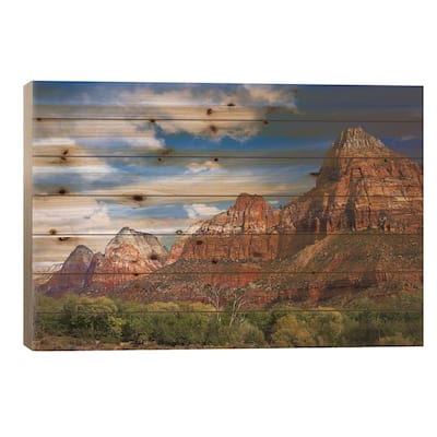 The Watchman Outcropping Near South Entrance,Zion National Park,Cottonwoods In Foreground, Utah Print On Wood by Tim Fitzharris
