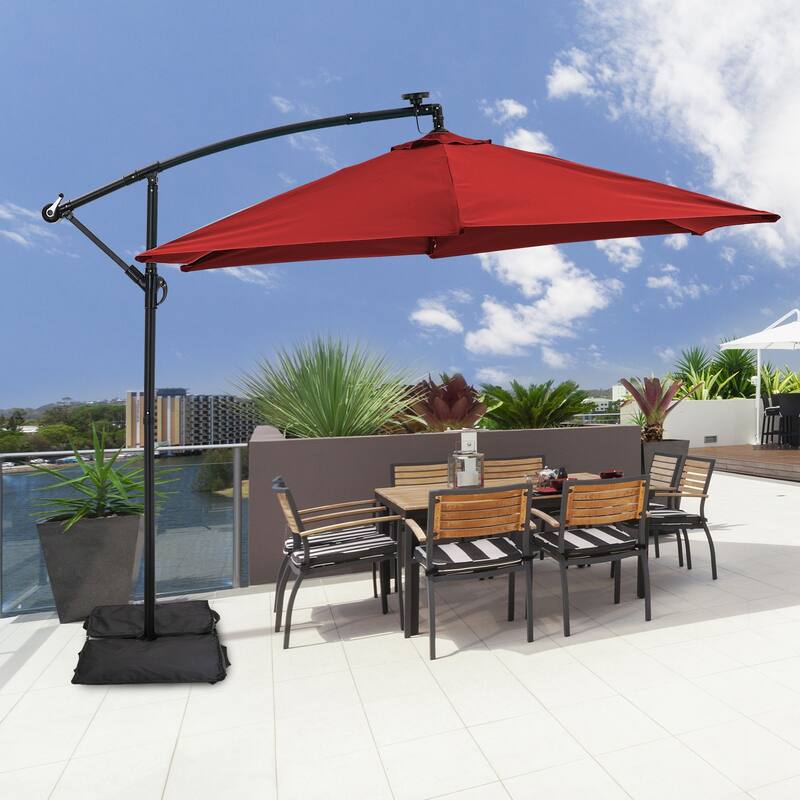 Autlaycil 10ft Offset Hanging Market Patio Umbrella With Base&Solar Lights