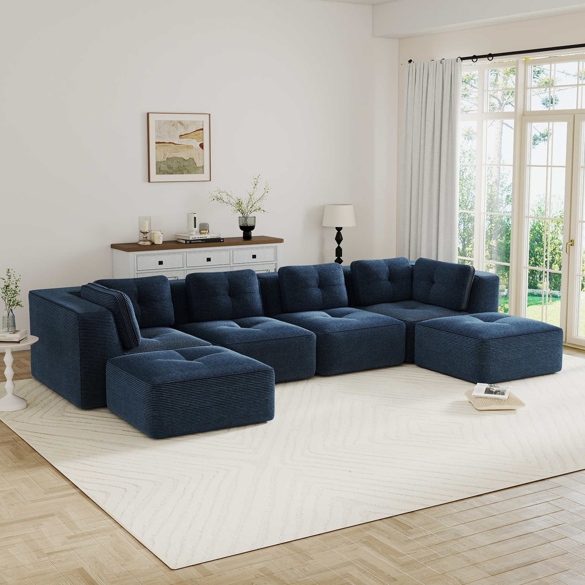 Modular Sectional Sofa with Corduroy Fabric,4-Seater Couch with Deep Seat,Tufted Design