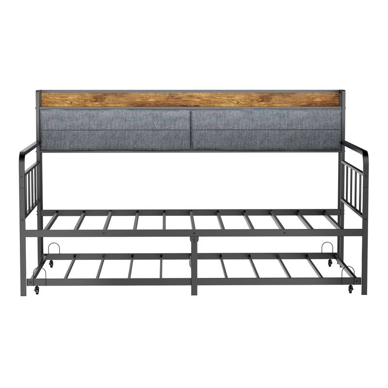 Twin Size Daybed with Trundle, Upholstered Storage Headboard, Charging Station, Black - Multi-Color