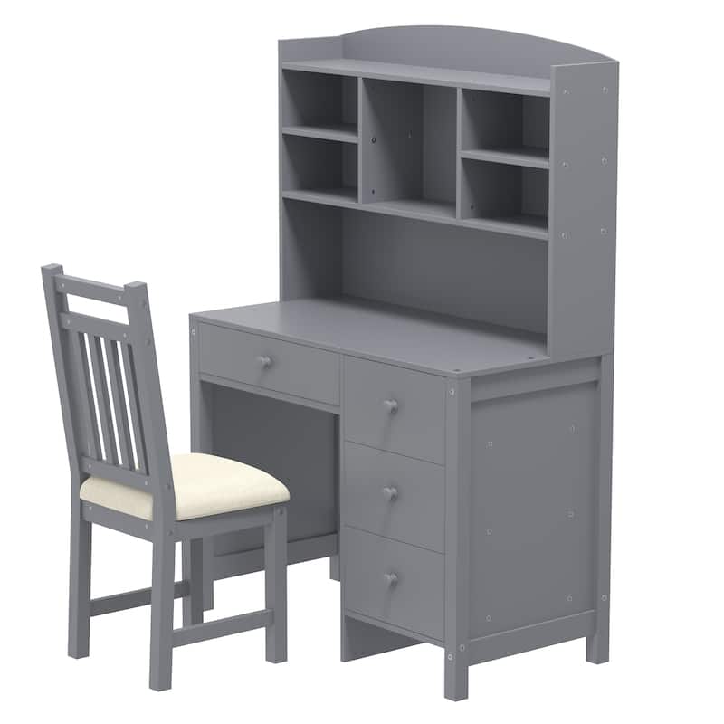40"Home Executive Desk and Upholstered Chair Set with Bookshelf, Computer Desk with Four Drawers, Storage Shelf, and Chair