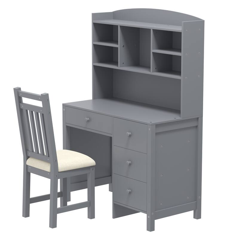 40'' Home Executive Desk and Upholstered Chair Set with Bookshelf, Computer Desk with Four Drawers