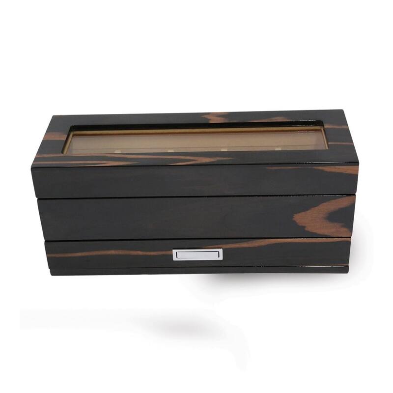 Curata High Gloss Lacquered Ebony Finish Glass Lid 1-Drawer Velour Lined Wooden 5-Watch Box
