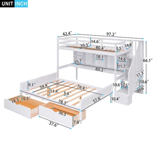 White Pine Wood Twin XL over Full Bunk Bed with Built-in Desk, Bookshelves, and Drawers