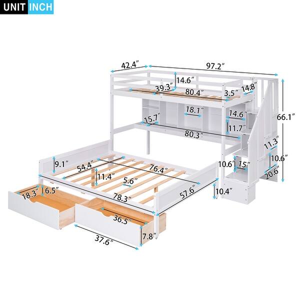 White Twin XL over Full Bunk Bed with Shelves & Staircase