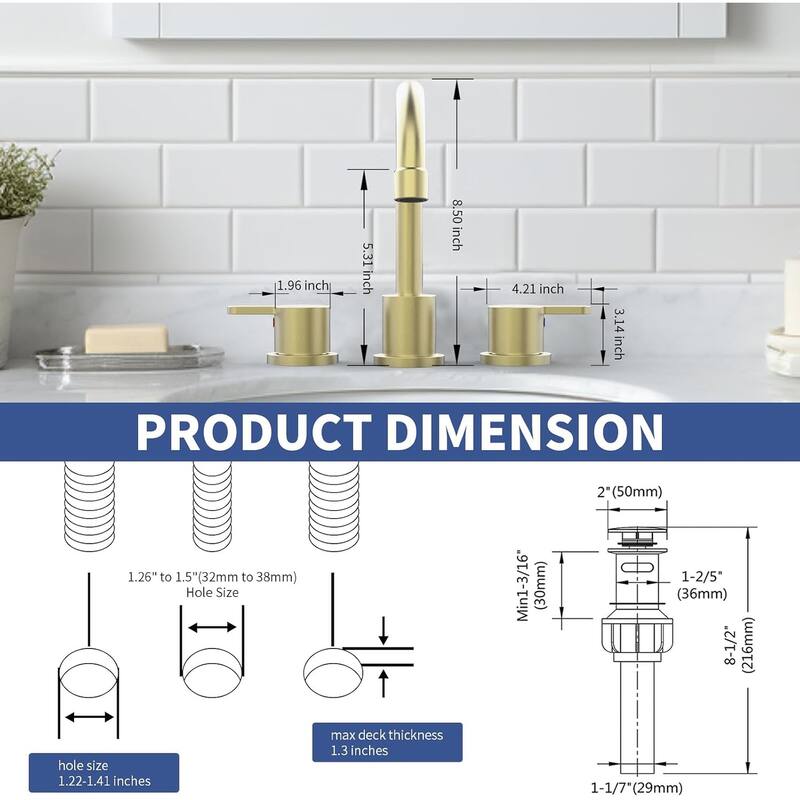Widespread Bathroom Sink Faucet 2 Handle 8 inch Lavatory Faucet 3 Hole 360°Swivel Spout Basin Faucets with Pop Up Drain Assembly