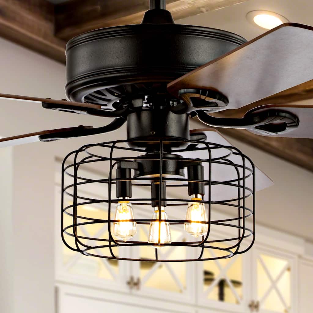 Edith 52" 3-Light Industrial Metal/Wood LED Ceiling Fan With Remote, Forged Black by JONATHAN Y