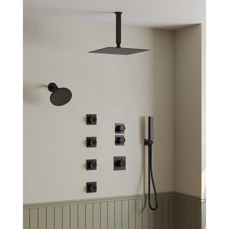 Dual Heads Thermostatic Shower Faucet with 12" Rainfall Shower, Handhels Spray And Body Jets - 12" x 6"