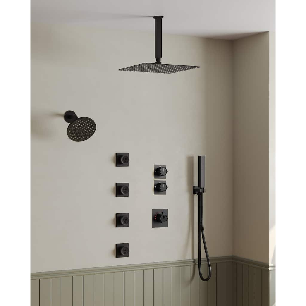 Dual Heads Thermostatic Shower Faucet with 12" Rainfall Shower, Handhels Spray And Body Jets - 12" x 6"