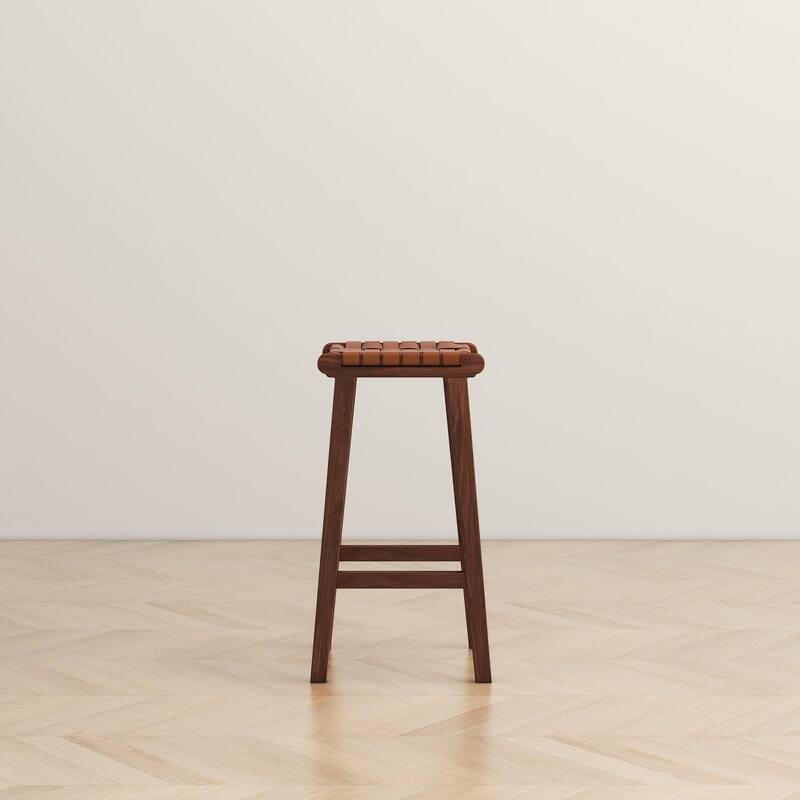 GDFStudio - James Mid-Century Modern 23.6"H Counter Stool with Solid Wood Frame & Genuine Leather Upholstery