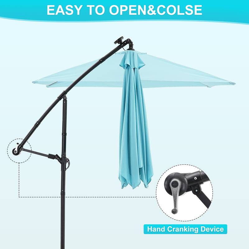 Autlaycil 10ft Offset Hanging Market Patio Umbrella With Base&Solar Lights