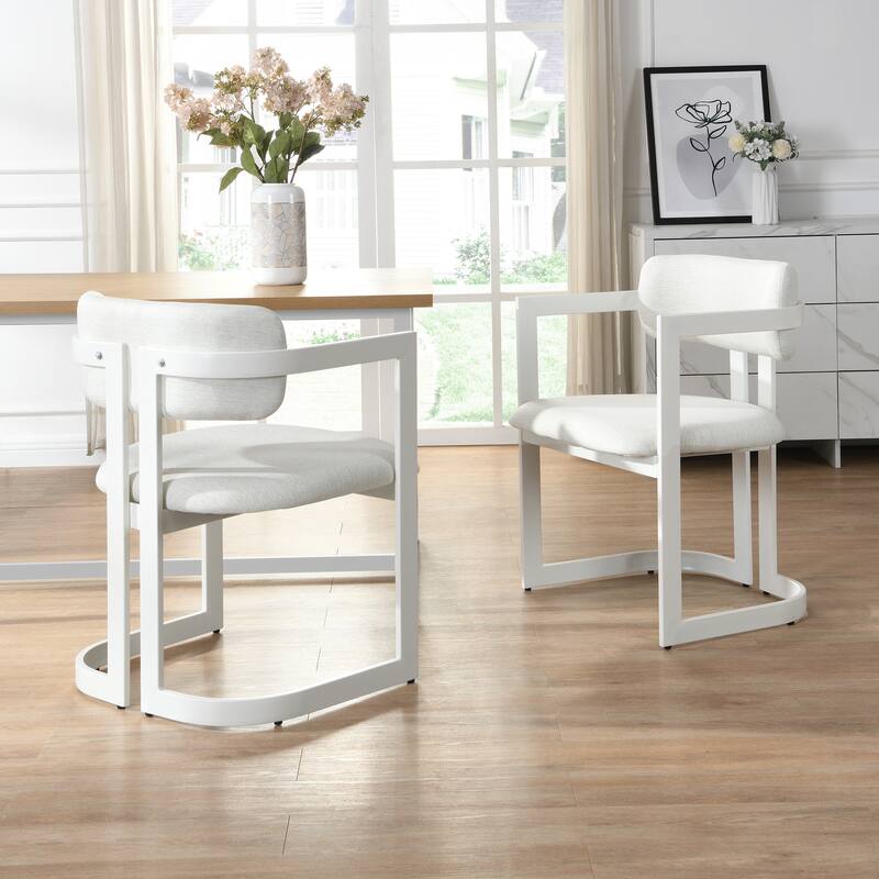 Roomfitters Modern Upholstered Dining Chairs Set of 2, Metal Frame with Beige Fabric Seat, Stylish Accent Armchairs - White+Beige