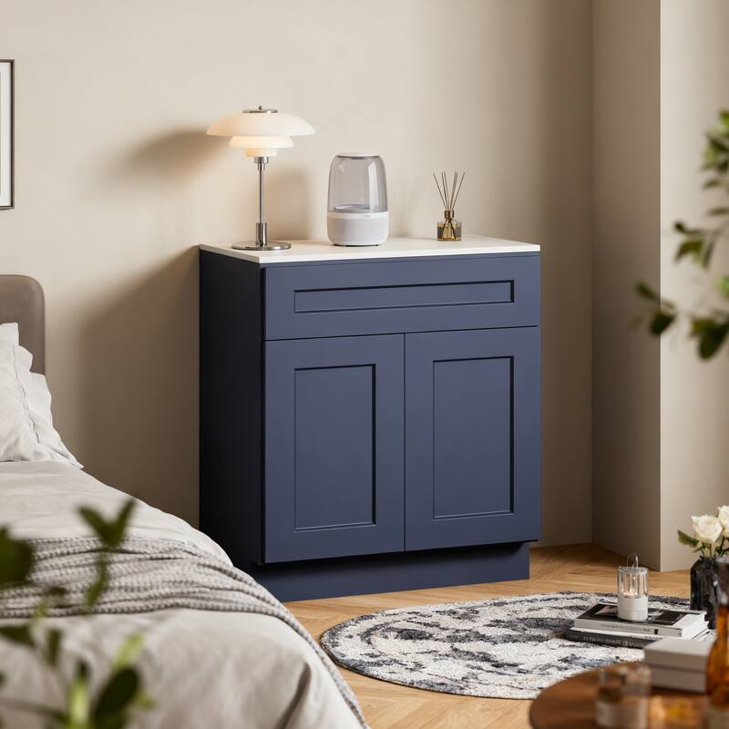 27" Navy Blue Shaker Base Cabinet with Soft-Close Door, Drawer, Space-Saving Solid Wood Unit with Adjustable Shelf for Kitchen - Blue