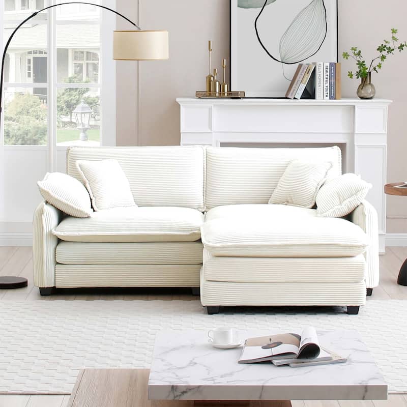 Beige 3-Piece Corduroy L-Shaped Modular Sectional Sofa with Ottoman & 4 Pillows