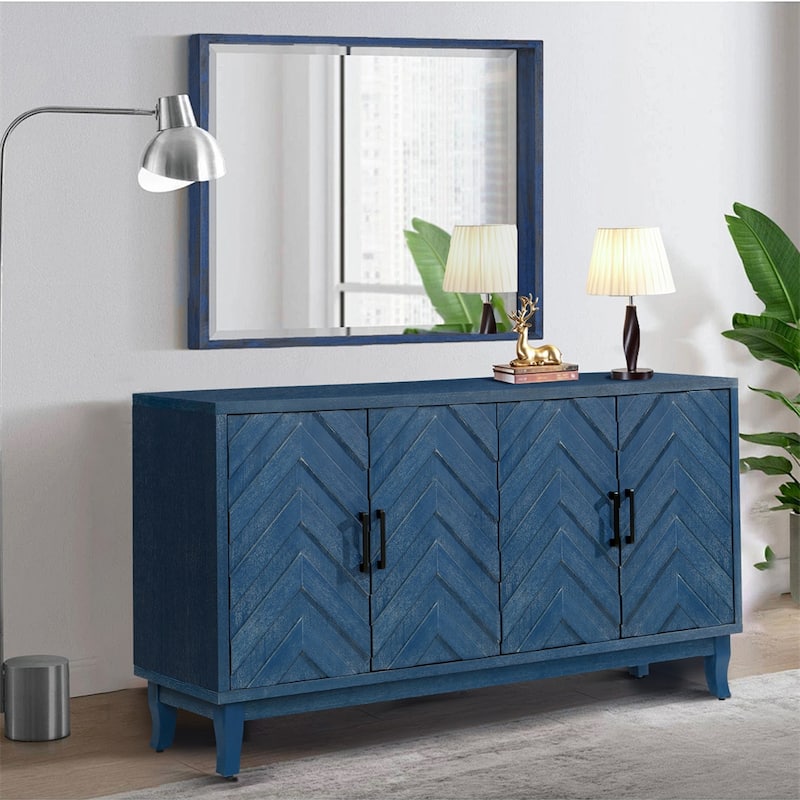 4 Door Wooden Twill Sideboard American Country Vintage Old Living Room - Antique Navy Blue