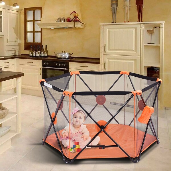 Costway Baby Play Pen Folding Infant Pop N' Play Portable Playard (orange)