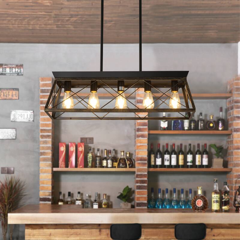 32" Industrial 5-Light Pendant Chandelier, Modern Metal Cage Design, Adjustable Hanging Light for Dining Room (No Bulbs)