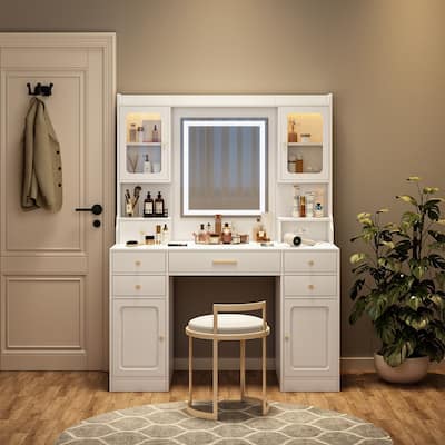Vanity Desk with LED Light Mirror, Makeup Vanity Dressing Table with 6 Drawers & Storage Shelves, Vanity Table with 4 Lockers