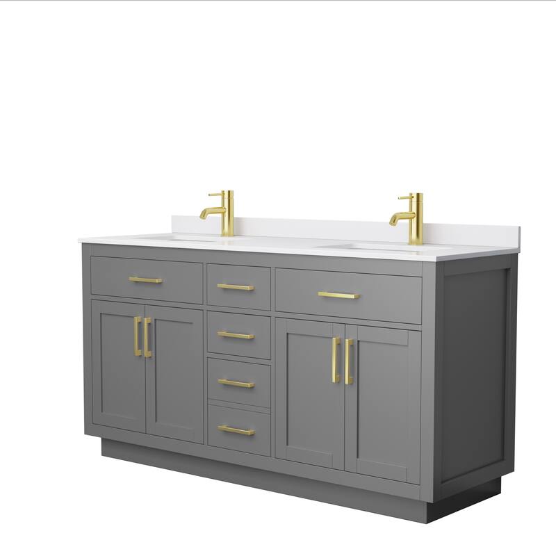 Beckett TK 66-inch Double Vanity, Cultured Marble Top - Dark Gray, Gold Trim, White Cultured Marble Top