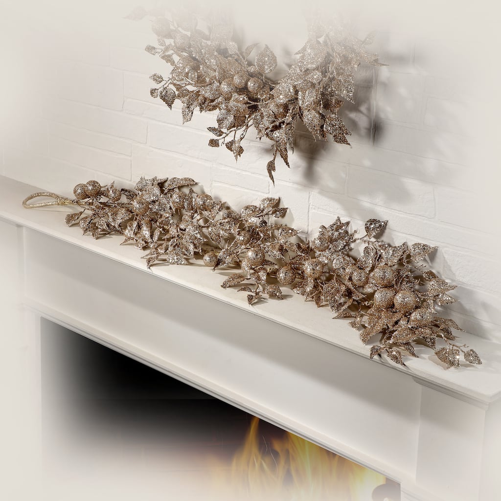 48" Glittered Aspen Leaf And Ball Garland - Champagne Gold