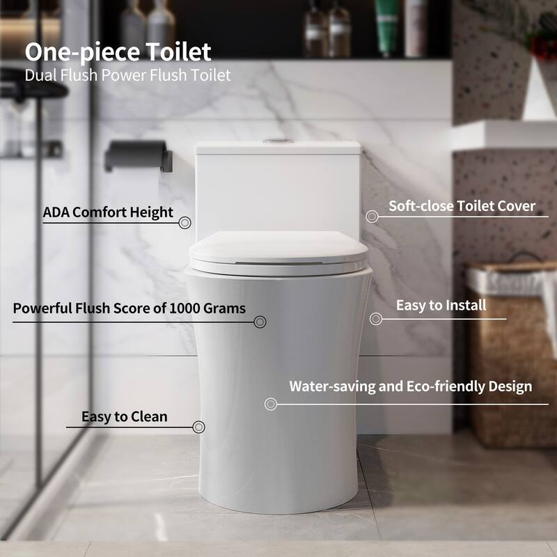 HOROW One Piece Elongated Toilet in White 0.8/1.28 GPF High Efficiency Dual Flush with Soft Closing Seat - N/A