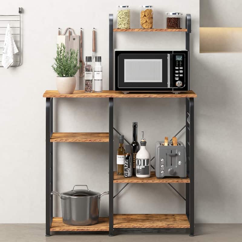 4-Tier Kitchen Baker's Rack Utility Microwave Stand with 5 Hooks - Retro